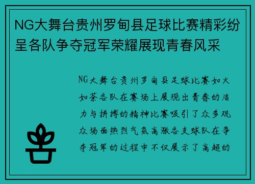 NG大舞台贵州罗甸县足球比赛精彩纷呈各队争夺冠军荣耀展现青春风采