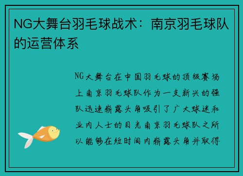 NG大舞台羽毛球战术：南京羽毛球队的运营体系